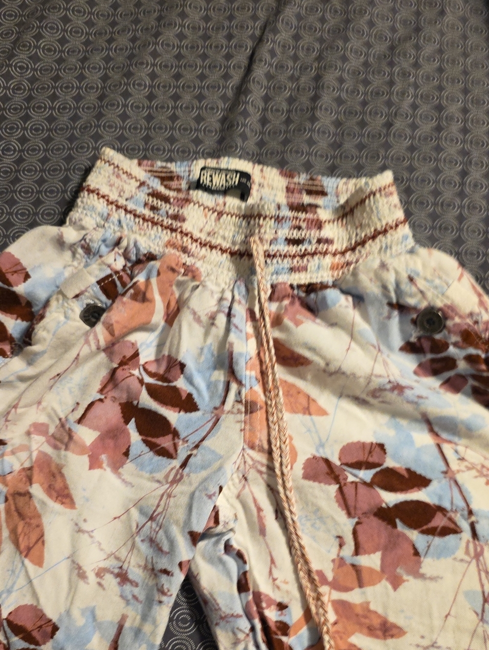Rewash Cream Pants with Rust & Light Blue Leaf Print